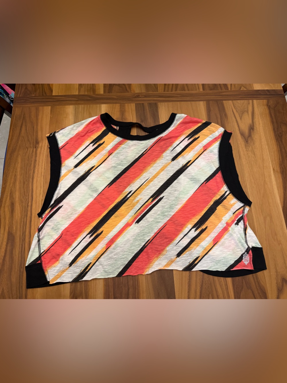 FP Movement by Free People Cropped Diagonal Stripe Tee in Coral, White & Black - Picture 1 of 4